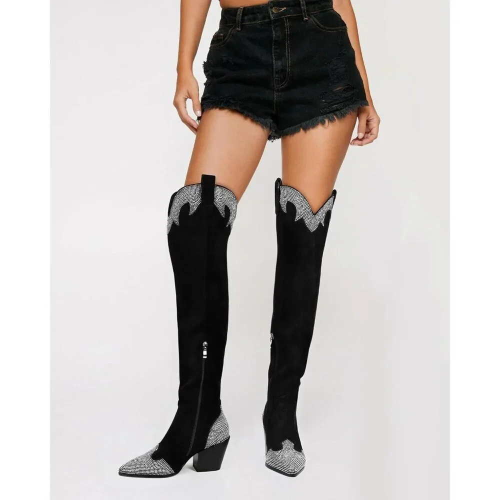 Women Black Suede Polyurethane (PU)Black Thigh High Pointed Toe Chunky Heel Boot